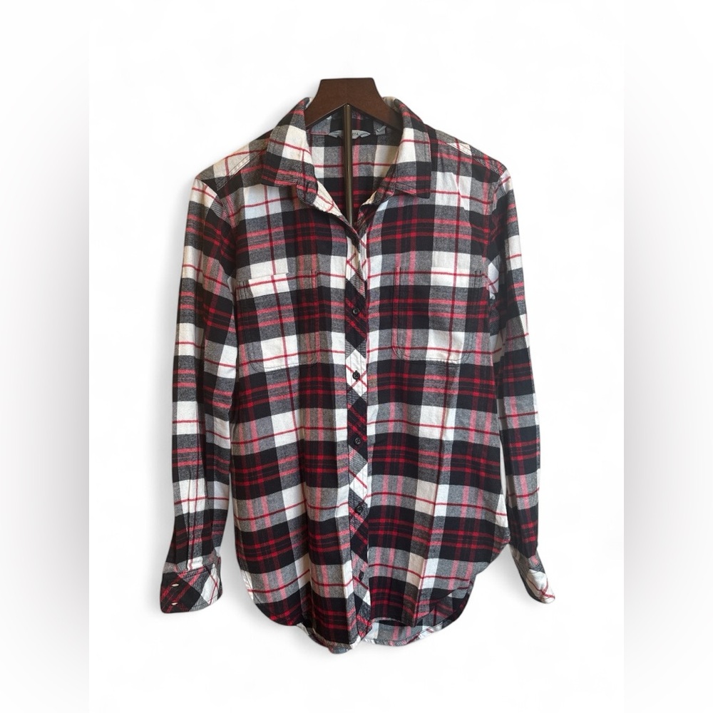 ATHLETA Red and Black Lumberjill Flannel Shirt. High Low, Size Medium
